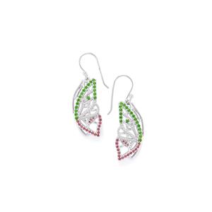 Chrome Diopside, Rhodolite Garnet Earrings with White Topaz in Sterling Silver 1.04cts