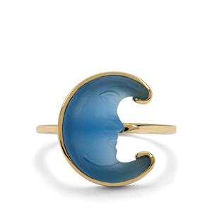 3.80ct Lehrer Man in the Moon Blue Chalcedony 9K Gold Ring 