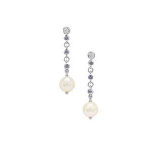 South Sea Cultured Pearl, Tanzanite & White Zircon Sterling Silver Earrings (8MM)