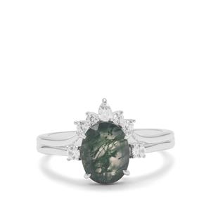 Moss Agate & White Zircon Sterling Silver Ring ATGW 2.05cts
