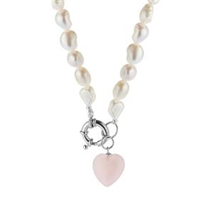 Rose Quartz & Baroque Cultured Pearl Sterling Silver Necklace 