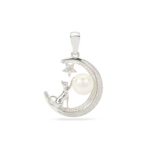 'The Cat and the Moon' Freshwater Cultured Pearl & White Zircon Sterling Silver Pendant (7 MM)