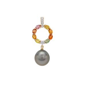 Tahitian Cultured Pearl, Multi-Colour Sapphire & White Zircon 9K Gold Pendant (11mm)