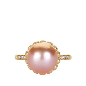 Naturally Papaya Cultured Pearl & White Topaz Gold Tone Sterling Silver Ring (10mm)