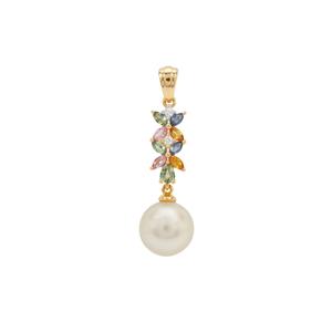 South Sea Cultured Pearl, Multi-Colour Sapphire & White Zircon 9K Gold Pendant (11MM)