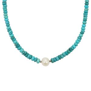 Freshwater Pearl & Sleeping Beauty Turquoise Sterling Silver Necklace ( 8x10 MM)