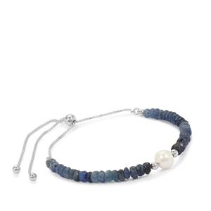 Blue Sapphire & Kaori Cultured Pearl Sterling Silver Slider Bracelet (7x6MM)