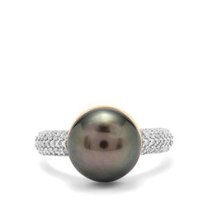 Tahitian Cultured Pearl & White Zircon 9K Gold Ring (11mm)