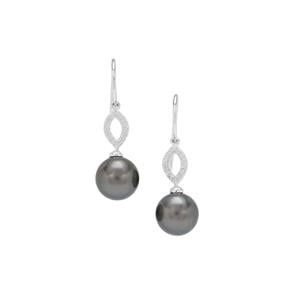 Tahitian Cultured Pearl Earrings with White Zircon in Sterling Silver (10mm)
