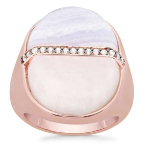 Rainbow Moonstone, Blue Lace Agate Ring with White Zircon in Rose Gold Plated Sterling Silver 14.55cts