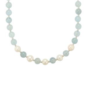 Freshwater Pearl & Mozambique Aquamarine Sterling Silver Necklace (6 to 7 MM)