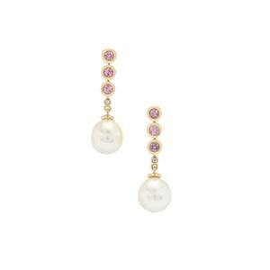 South Sea Cultured Pearl, Pink Sapphire & White Zircon 9K Gold Earrings (10mm)