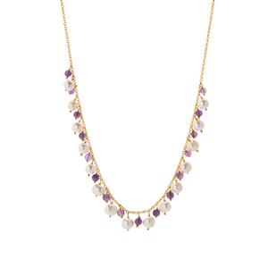 Zambian Amethyst & Kaori Freshwater Cultured Pearl (7 x 6mm) Gold Tone Sterling Silver Necklace
