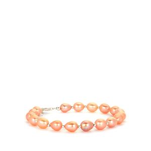 Naturally Papaya Cultured Pearl (6.5x8mm) Sterling Silver Bracelet