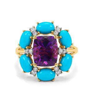 Moroccan Amethyst, Sleeping Beauty Turquoise & White Zircon 9K Gold Ring ATGW 5.95cts