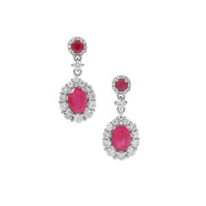 Kenyan, Thai Ruby & White Zircon Platinum Plated Sterling Silver Earrings ATGW 4.35cts
