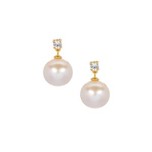 Edison Cultured Pearl (10mm) and White Topaz Gold Tone Sterling Silver Earrings 