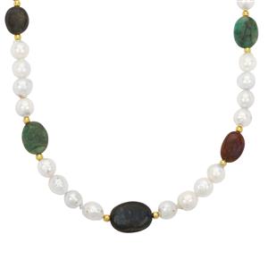 South Sea Cultured Pearl & Multi Gemstone Gold Flash Sterling Silver Necklace (7.50mm)