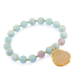 'Peace, Love & Compassion' Branca Onyx, Kunzite & Aquamarine Gold Tone Sterling Silver Buddha Bracelet ATGW 89.64cts