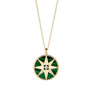 Congo Malachite & White Topaz Gold Tone Sterling Silver Compass Rose Necklace ATGW 19cts