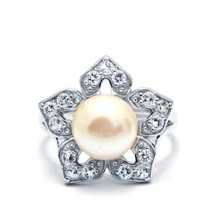  Freshwater Cultured Pearl & White Topaz Sterling Silver Ring (8.50mm)