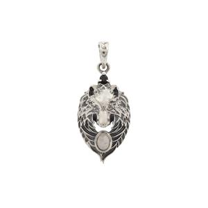 Black Spinel & Rainbow Moonstone Sterling Silver Wolf Pendant ATGW 0.19ct With Oxidised