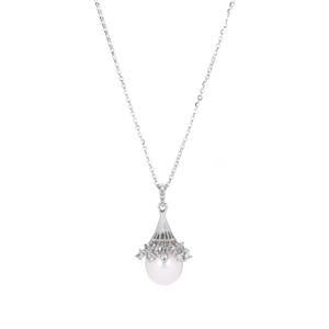 Kaori Cultured Pearl & White Topaz Sterling Silver Necklace (12mm x 9mm)