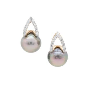 Tahitian Cultured Pearl & White Zircon 9K Gold Earrings (8mm)
