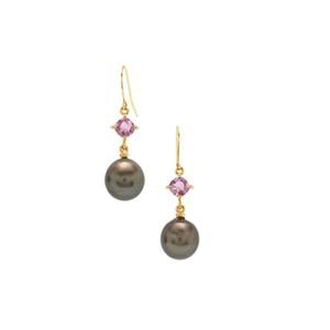 Tahitian Cultured Pearl & Pink Sapphire 9K Gold Earrings (10mm)