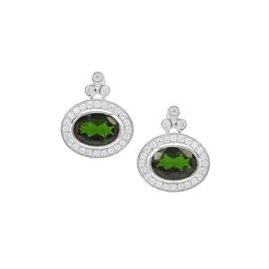 Chrome Diopside Earrings with White Zircon in Sterling Silver 2.10cts