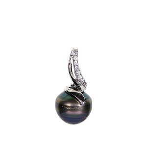 Tahitian Cultured Pearl & White Zircon Sterling Silver Pendant (12mm)
