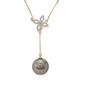 Tahitian Cultured Pearl & White Zircon 9K Gold Necklace (13 MM)
