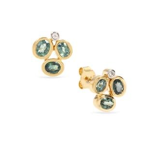 Natural Green Sapphire & White Zircon 9K Gold Earrings ATGW 1.65cts