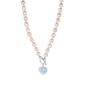 Kaori Cultured Pearl, Aquamarine & White Topaz Sterling Silver T Bar Heart Necklace
