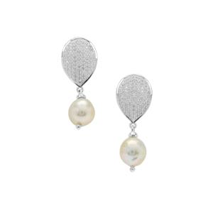 South Sea Cultured Pearl & White Zircon Sterling Silver Earrings 