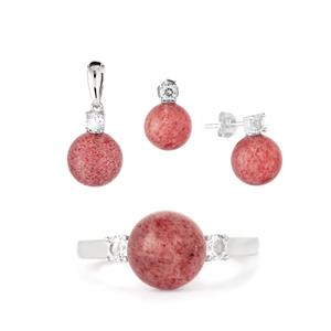 Strawberry Quartz & White Topaz Sterling Silver Set of Earrings, Pendant & Ring ATGW 18.30cts