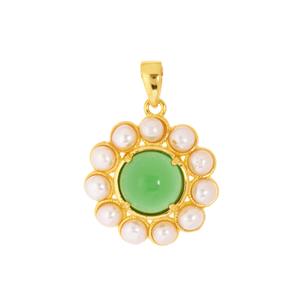 Green Agate & Freshwater Cultured Pearl Gold Tone Sterling Silver Pendant