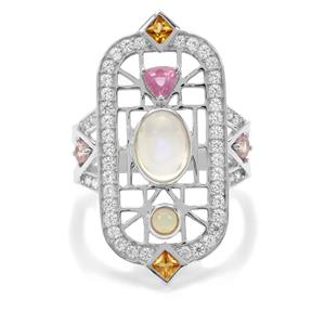 Rainbow Moonstone & Multi Gemstones Sterling Silver Ring ATGW 3.35cts (F)