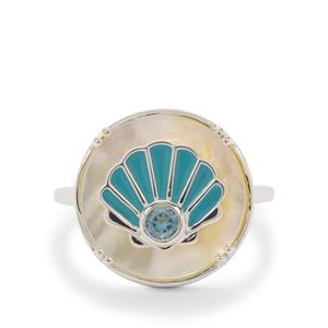 Mother of Pearl & Swiss Blue Topaz Sterling Silver Ring With Enamel (15 MM)
