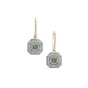 Asscher Cut Songea Green Sapphire & White Zircon 9K Gold Earrings ATGW 1.65cts