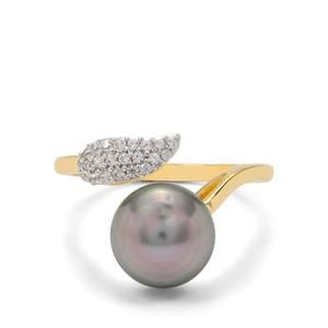 Tahitian Cultured Pearl & White Zircon 9K Gold Ring (9 MM)