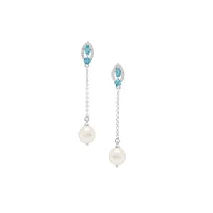South Sea Cultured Pearl, Swiss Blue Topaz & White Zircon Sterling Silver Earrings (8mm)