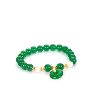 Green Agate & Kaori Freshwater Cultured Pearl Gold Tone Sterling Silver Strechable Bracelet
