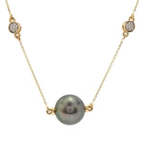 Tahitian Cultured Pearl & White Zircon 9K Gold Necklace (11 MM)