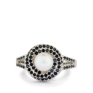 Freshwater Cultured Pearl & Black Spinel Sterling Silver Ring 