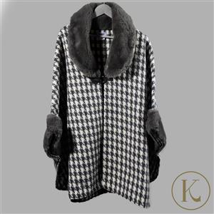 Kimbie Silver Houndstooth Long Sleeve Faux Fur Trim Poncho