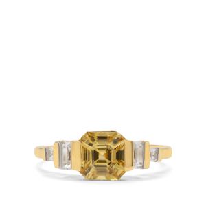 Asscher Cut Tanzanian Canary Yellow Zircon with White Zircon 9K Gold Ring 3.45cts