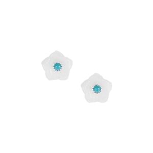 Khotan Mutton Fat Jade & American Turquoise Sterling Silver Flower Earrings ATGW 10.25cts