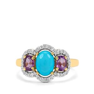 Sleeping Beauty Turquoise, Moroccan Amethyst & White Zircon 9K Gold Ring ATGW 1.95cts