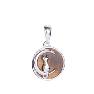 3ct Yellow Tiger's Eye Sterling Silver Cat & Moon Pendant